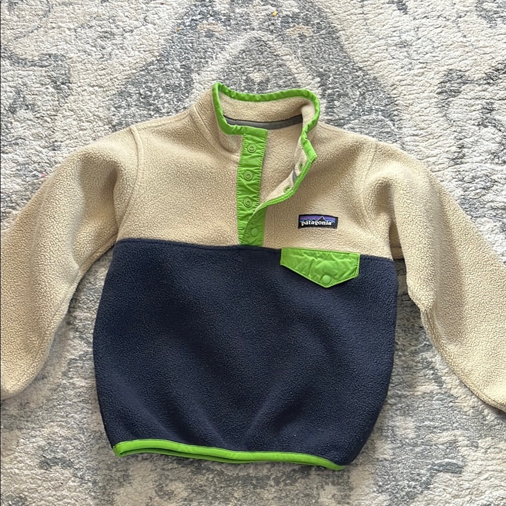 Patagonia Fleece in Cream and Navy with Green Accents